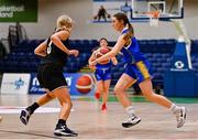 1 March 2022; Amy Brennan of St Louis in action against Eimer Ní Shúilleabháin of Gaelcholáiste Tralee during the Basketball Ireland U19B Girls Schools League Final match between St. Louis Kiltimagh, Mayo and Gaelcholáiste Tralee, Kerry at National Basketball Arena in Dublin. Photo by Brendan Moran/Sportsfile