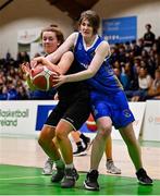 1 March 2022; Aisling Ní hAiniféin of Gaelcholáiste Tralee in action against Eabha May Murray of St Louis during the Basketball Ireland U19B Girls Schools League Final match between St. Louis Kiltimagh, Mayo and Gaelcholáiste Tralee, Kerry at National Basketball Arena in Dublin. Photo by Brendan Moran/Sportsfile