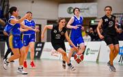 1 March 2022; Rachel Ní Chríodáin of Gaelcholáiste Tralee has a shot blocked by Amy Shannon of St Louis during the Basketball Ireland U19B Girls Schools League Final match between St. Louis Kiltimagh, Mayo and Gaelcholáiste Tralee, Kerry at National Basketball Arena in Dublin. Photo by Brendan Moran/Sportsfile