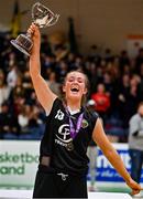 1 March 2022; Gaelcholáiste Tralee captain Paris Nic Cárthaigh celebrates with the cup after the Basketball Ireland U19B Girls Schools League Final match between St. Louis Kiltimagh, Mayo and Gaelcholáiste Tralee, Kerry at National Basketball Arena in Dublin. Photo by Brendan Moran/Sportsfile