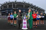 1 March 2022; Camogie players, Katie Mullan of Eoghan Rua, Derry, Orla Callanan of Salthill Knocknacarra, Galway, and Laura Ward of Sarsfields, Galway, pictured alongside Head of Public Affairs at AIB, Maolmuire Tynan and President of the Camogie Association, Hilda Breslin along with Stacey Kehoe, Oulart the Ballagh, Wexford, Grainne Dolan, St Rynagh’s, Offaly, and Sara Murphy, Clanmaurice, Kerry, ahead of one of #TheToughest weekends of the year, which sees the 2021/2022 AIB Senior, Intermediate and Junior Camogie Club All-Ireland Championship finals take centre stage. The AIB Senior and Intermediate Camogie Club All-Ireland Championship finals will be decided at Croke Park on Sunday, March 6th, with the senior decider between reigning champions Oulart the Ballagh of Wexford and Galway’s Sarsfields getting underway at 4pm. The intermediate decider sees reigning champions St Rynagh’s of Offaly and Salthill Knocknacarra, Galway, go head-to-head at 2pm at Croke Park. On Saturday, March 5th the Junior A and B finals take centre stage at O’Raghallaighs GAA, Drogheda. The AIB Junior A Camogie Club All-Ireland Championship final sees Eoghan Rua, Derry, take on Clanmaurice of Kerry at 12.30pm, while the Junior B decider sees Derrylaughan of Tyrone face off against Wicklow’s Knockananna at 2.30pm. The AIB Senior and Intermediate Camogie Club All-Ireland Championship Finals will be broadcast live from Croke Park by RTÉ, with coverage starting from 1.45pm on Sunday, March 6th, verage starting from 1.45pm on Sunday, March 6th, while the AIB Junior A and B Camogie Club All-Ireland Championship Finals will be streamed live from O’Raghallaighs GAA, Drogheda on Saturday, March 5th on the Official Camogie Association YouTube Channel. This year’s AIB Club Championships celebrate #TheToughest players in Gaelic Games - those who, despite adversity, don’t quit, who persevere no matter how tough it gets, because Tough Can’t Quit. Photo by Sam Barnes/Sportsfile