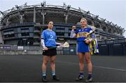1 March 2022; Camogie players, Grainne Dolan of St Rynagh’s, Offaly, right, and Orla Callanan of Salthill Knocknacarra, Galway, pictured ahead of one of #TheToughest showdowns of the year, which sees the two sides go head-to-head in the 2021 AIB Intermediate Camogie Club All-Ireland Championship Final this Sunday, March 6th at 2pm at Croke Park. This is one of two AIB Camogie Club All-Ireland Championship finals which will be decided at Croke Park this weekend, with the senior decider between reigning Champions Oulart the Ballagh of Wexford and Galway’s Sarsfields getting underway at 4pm. On Saturday, March 5th the Junior A and B finals take centre stage at O’Raghallaighs GAA, Drogheda. The AIB Junior A Camogie Club All-Ireland Championship final sees Eoghan Rua, Derry, take on Clanmaurice of Kerry at 12.30pm, while the Junior B decider sees Derrylaughan of Tyrone face off against Wicklow’s Knockananna at 2.30pm. The AIB Senior and Intermediate Camogie Club All-Ireland Championship Finals will be broadcast live from Croke Park by RTÉ, with coverage starting from 1.45pm on Sunday, March 6th, while the AIB Junior A and B Camogie Club All-Ireland Championship Finals will be streamed live from O’Raghallaighs GAA, Drogheda on Saturday, March 5th on the Official Camogie Association YouTube Channel. This year’s AIB Club Championships celebrate #TheToughest players in Gaelic Games - those who, despite adversity, don’t quit, who persevere no matter how tough it gets, because Tough Can’t Quit. Photo by Sam Barnes/Sportsfile