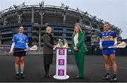 1 March 2022; Camogie players, Grainne Dolan of St Rynagh’s, Offaly, right, and Orla Callanan of Salthill Knocknacarra, Galway, left, alongside Head of Public Affairs at AIB, Maolmuire Tynan and President of the Camogie Association, Hilda Breslin ahead of one of #TheToughest showdowns of the year, which sees the two sides go head-to-head in the 2021 AIB Intermediate Camogie Club All-Ireland Championship Final this Sunday, March 6th at 2pm at Croke Park. This is one of two AIB Camogie Club All-Ireland Championship finals which will be decided at Croke Park this weekend, with the senior decider between reigning Champions Oulart the Ballagh of Wexford and Galway’s Sarsfields getting underway at 4pm. On Saturday, March 5th the Junior A and B finals take centre stage at O’Raghallaighs GAA, Drogheda. The AIB Junior A Camogie Club All-Ireland Championship final sees Eoghan Rua, Derry, take on Clanmaurice of Kerry at 12.30pm, while the Junior B decider sees Derrylaughan of Tyrone face off against Wicklow’s Knockananna at 2.30pm. The AIB Senior and Intermediate Camogie Club All-Ireland Championship Finals will be broadcast live from Croke Park by RTÉ, with coverage starting from 1.45pm on Sunday, March 6th, while the AIB Junior A and B Camogie Club All-Ireland Championship Finals will be streamed live from O’Raghallaighs GAA, Drogheda on Saturday, March 5th on the Official Camogie Association YouTube Channel. This year’s AIB Club Championships celebrate #TheToughest players in Gaelic Games - those who, despite adversity, don’t quit, who persevere no matter how tough it gets, because Tough Can’t Quit. Photo by Sam Barnes/Sportsfile