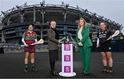 1 March 2022; Camogie players, Sara Murphy of Clanmaurice, Kerry, and Katie Mullan of Eoghan Rua, Derry, pictured alongside Head of Public Affairs at AIB, Maolmuire Tynan and President of the Camogie Association, Hilda Breslin ahead of one of #TheToughest showdowns of the year, which sees the two sides go head-to-head in the 2021 AIB Junior A Camogie Club All-Ireland Championship Final this Saturday, March 5th at 12.30pm at O’Raghallaighs GAA, Drogheda at 2.30pm. The 2021 AIB Junior B Camogie Club All-Ireland Championship Final will also take place at O’Raghallaighs GAA, Drogheda on Saturday as Derrylaughan of Tyrone face off against Wicklow’s Knockananna at 2.30pm. Croke Park will be host for a double header of action on Sunday, March 6th, as the 2021 AIB Senior and Intermediate Camogie Club All-Ireland Championship finals will be decided. Reigning Senior champions Oulart the Ballagh of Wexford face Galway’s Sarsfields in the senior decider at 4pm, while the intermediate final sees reigning champions, St. Rynagh’s of Offaly battling it out against Salthill Knocknacarra of Galway at 2pm. The AIB Senior and Intermediate Camogie Club All-Ireland Championship Finals will be broadcast live from Croke Park by RTÉ, with coverage starting from 1.45pm on Sunday, March 6th, while the AIB Junior A and B Camogie Club All-Ireland Championship Finals will be streamed live from O’Raghallaighs GAA, Drogheda on Saturday, March 5th on the Official Camogie Association YouTube Channel. This year’s AIB Club Championships celebrate #TheToughest players in Gaelic Games - those who, despite adversity, don’t quit, who persevere no matter how tough it gets, because Tough Can’t Quit. Photo by Sam Barnes/Sportsfile