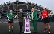 1 March 2022; Camogie players, Stacey Kehoe of Oulart the Ballagh, Wexford, right, and Laura Ward of Sarsfields, Galway, left, pictured alongside Head of Public Affairs at AIB, Maolmuire Tynan and President of the Camogie Association, Hilda Breslin ahead of one of #TheToughest showdowns of the year, which sees Sarsfields and reigning champions, Oulart the Ballagh go head-to-head in the 2021/2022 AIB Senior Camogie Club All-Ireland Championship final this Sunday, March 6th at 4pm at Croke Park. This is one of two AIB Camogie Club Championship finals which will be decided this weekend at Croke Park, as Galway’s Salthill Knocknacarra face reigning Intermediate Camogie Club champions, St. Rynagh’s of Offaly, in the 2021/2022 AIB Intermediate Club All-Ireland Championship decider in the earlier game at 2pm. On Saturday, March 5th the Junior A and B finals take centre stage at O’Raghallaighs GAA, Drogheda. The AIB Junior A Camogie Club All-Ireland Championship final sees Eoghan Rua, Derry, take on Clanmaurice of Kerry at 12.30pm, while the Junior B decider sees Derrylaughan of Tyrone face off against Wicklow’s Knockananna at 2.30pm. The AIB Senior and Intermediate Camogie Club All-Ireland Championship Finals will be broadcast live from Croke Park by RTÉ, with coverage starting from 1.45pm on Sunday, March 6th, while the AIB Junior A and B Camogie Club All-Ireland Championship Finals will be streamed live from O’Raghallaighs GAA, Drogheda on Saturday, March 5th on the Official Camogie Association YouTube Channel. This year’s AIB Club Championships celebrate #TheToughest players in Gaelic Games - those who, despite adversity, don’t quit, who persevere no matter how tough it gets, because Tough Can’t Quit. Photo by Sam Barnes/Sportsfile