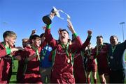1 March 2022; NUI Galway B captain Phil Hynes lifts the cup after the CUFL Men's Division Two Final match between NUI Galway B and TU Dublin City Campus at Athlone Town Stadium in Athlone, Westmeath. Photo by Ramsey Cardy/Sportsfile