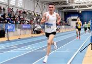 26 February 2022; Keelan Kilrehill of Moy Valley AC, Mayo, competing in the senior men's 3000m during day one of the Irish Life Health National Senior Indoor Athletics Championships at the National Indoor Arena at the Sport Ireland Campus in Dublin. Photo by Sam Barnes/Sportsfile