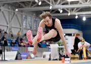 26 February 2022; Keith Marks of Clonliffe Harriers AC, Dublin, competing in the senior men's long jump during day one of the Irish Life Health National Senior Indoor Athletics Championships at the National Indoor Arena at the Sport Ireland Campus in Dublin. Photo by Sam Barnes/Sportsfile
