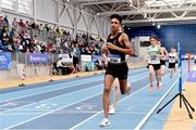 26 February 2022; Efrem Gidey of Clonliffe Harriers AC, Dublin, competing in the senior men's 3000m during day one of the Irish Life Health National Senior Indoor Athletics Championships at the National Indoor Arena at the Sport Ireland Campus in Dublin. Photo by Sam Barnes/Sportsfile