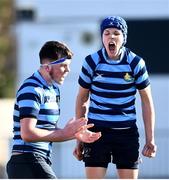 1 March 2022; Jonathon Ginneaty, right, and Alex Stapleton of St Vincents Castleknock celebrate winning a turnover during the Bank of Ireland Leinster Rugby Schools Junior Cup 1st Round match between St Vincent’s Castleknock College, Dublin, and St Michael’s College, Dublin, at Energia Park in Dublin. Photo by David Fitzgerald/Sportsfile