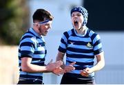 1 March 2022; Jonathon Ginneaty, right, and Alex Stapleton of St Vincents Castleknock celebrate winning a turnover during the Bank of Ireland Leinster Rugby Schools Junior Cup 1st Round match between St Vincent’s Castleknock College, Dublin, and St Michael’s College, Dublin, at Energia Park in Dublin. Photo by David Fitzgerald/Sportsfile