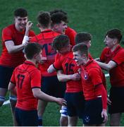 1 March 2022; St Michaels players celebrate at the final whistle after the Bank of Ireland Leinster Rugby Schools Junior Cup 1st Round match between St Vincent’s Castleknock College, Dublin, and St Michael’s College, Dublin, at Energia Park in Dublin. Photo by David Fitzgerald/Sportsfile