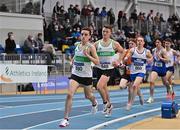 26 February 2022; Stephen Fay of Raheny Shamrock AC, Dublin, leads the field whilst competing in the senior men's 3000m during day one of the Irish Life Health National Senior Indoor Athletics Championships at the National Indoor Arena at the Sport Ireland Campus in Dublin. Photo by Sam Barnes/Sportsfile