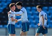1 March 2022; Rob Manley of TU Dublin, centre, celebrates with Conor Levingston, left, and Eoin McPhillips after scoring his side's first goal during the CUFL Men's Premier Division Final match between TU Dublin and University of Limerick at Athlone Town Stadium in Athlone, Westmeath. Photo by Ramsey Cardy/Sportsfile