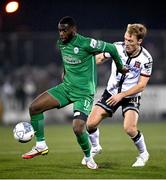 28 February 2022; Élie-Gaël N'Zeyi Kibonge of Finn Harps in action against Greg Sloggett of Dundalk during the SSE Airtricity League Premier Division match between Dundalk and Finn Harps at Oriel Park in Dundalk, Louth. Photo by Ramsey Cardy/Sportsfile