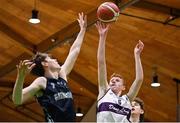 2 March 2022; Sean Connolly of Skibbereen in action against Jacob Byrne of Rathmore during the Basketball Ireland U16B Boys Schools League Final match between Skibbereen Community School, Cork, and Rathmore Grammar School, Belfast, at the National Basketball Arena in Dublin. Photo by Seb Daly/Sportsfile