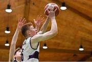 2 March 2022; Sean Connolly of Skibbereen in action against Rory McParland of Rathmore during the Basketball Ireland U16B Boys Schools League Final match between Skibbereen Community School, Cork, and Rathmore Grammar School, Belfast, at the National Basketball Arena in Dublin. Photo by Seb Daly/Sportsfile