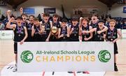 2 March 2022; Rathmore Grammar School celebrates after their side's victory in the Basketball Ireland U16B Boys Schools League Final match between Skibbereen Community School, Cork, and Rathmore Grammar School, Belfast, at the National Basketball Arena in Dublin. Photo by Seb Daly/Sportsfile