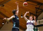 2 March 2022; Ruairi Collins of Skibbereen in action against Jacob Byrne of Rathmore during the Basketball Ireland U16B Boys Schools League Final match between Skibbereen Community School, Cork, and Rathmore Grammar School, Belfast, at the National Basketball Arena in Dublin. Photo by Seb Daly/Sportsfile