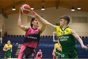 2 March 2022; Patryk Rejowicz of St Munchin's in action against Jack O’Shea of Gortnor Abbey during the Basketball Ireland U19B Boys Schools League Final match between Gortnor Abbey Secondary School, Mayo, and St Munchin's College, Limerick, at the National Basketball Arena in Dublin. Photo by Seb Daly/Sportsfile
