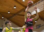 2 March 2022; Patryk Rejowicz of St Munchin's in action against Niall Coggins of Gortnor Abbey during the Basketball Ireland U19B Boys Schools League Final match between Gortnor Abbey Secondary School, Mayo, and St Munchin's College, Limerick, at the National Basketball Arena in Dublin. Photo by Seb Daly/Sportsfile