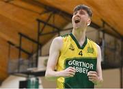 2 March 2022; Matthew McHale of Gortnor Abbey celebrates winning a free throw during the Basketball Ireland U19B Boys Schools League Final match between Gortnor Abbey Secondary School, Mayo, and St Munchin's College, Limerick, at the National Basketball Arena in Dublin. Photo by Seb Daly/Sportsfile