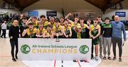 2 March 2022; Gortnor Abbey players and staff celebrates after their side's victory in the Basketball Ireland U19B Boys Schools League Final match between Gortnor Abbey Secondary School, Mayo, and St Munchin's College, Limerick, at the National Basketball Arena in Dublin. Photo by Seb Daly/Sportsfile