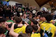 2 March 2022; Gortnor Abbey players and supporters celebrate after their side's victory in the Basketball Ireland U19B Boys Schools League Final match between Gortnor Abbey Secondary School, Mayo, and St Munchin's College, Limerick, at the National Basketball Arena in Dublin. Photo by Seb Daly/Sportsfile