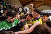2 March 2022; Gortnor Abbey players and supporters celebrate after their side's victory in the Basketball Ireland U19B Boys Schools League Final match between Gortnor Abbey Secondary School, Mayo, and St Munchin's College, Limerick, at the National Basketball Arena in Dublin. Photo by Seb Daly/Sportsfile