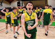 2 March 2022; Jack Naughton of Gortnor Abbey celebrates after his side's victory in the Basketball Ireland U19B Boys Schools League Final match between Gortnor Abbey Secondary School, Mayo, and St Munchin's College, Limerick, at the National Basketball Arena in Dublin. Photo by Seb Daly/Sportsfile