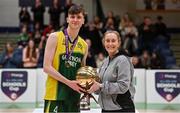 2 March 2022; Matthew McHale of Gortnor Abbey is presented with the MVP award by Casey Tryon, development officer, Basketball Ireland, after the Basketball Ireland U19B Boys Schools League Final match between Gortnor Abbey Secondary School, Mayo, and St Munchin's College, Limerick, at the National Basketball Arena in Dublin. Photo by Seb Daly/Sportsfile