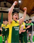 2 March 2022; Eoin Murphy of Gortnor Abbey celebrates after his side's victory in the Basketball Ireland U19B Boys Schools League Final match between Gortnor Abbey Secondary School, Mayo, and St Munchin's College, Limerick, at the National Basketball Arena in Dublin. Photo by Seb Daly/Sportsfile
