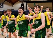 2 March 2022; Gortnor Abbey players Jack Naughton, 6, and Niall Coggins celebrate after their side's victory in the Basketball Ireland U19B Boys Schools League Final match between Gortnor Abbey Secondary School, Mayo, and St Munchin's College, Limerick, at the National Basketball Arena in Dublin. Photo by Seb Daly/Sportsfile