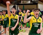 2 March 2022; Gortnor Abbey players Jack Naughton, left, and Niall Coggins celebrate after their side's victory in the Basketball Ireland U19B Boys Schools League Final match between Gortnor Abbey Secondary School, Mayo, and St Munchin's College, Limerick, at the National Basketball Arena in Dublin. Photo by Seb Daly/Sportsfile