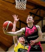 2 March 2022; Eoin Price of St Munchin's in action against Conor Barrett of Gortnor Abbey during the Basketball Ireland U19B Boys Schools League Final match between Gortnor Abbey Secondary School, Mayo, and St Munchin's College, Limerick, at the National Basketball Arena in Dublin. Photo by Seb Daly/Sportsfile