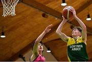 2 March 2022; Niall Coggins of Gortnor Abbey in action against Patryk Rejowicz of St Munchin's during the Basketball Ireland U19B Boys Schools League Final match between Gortnor Abbey Secondary School, Mayo, and St Munchin's College, Limerick, at the National Basketball Arena in Dublin. Photo by Seb Daly/Sportsfile
