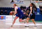 3 March 2022; Lucy Coogan of Loreto Kilkenny in action against Illana Fitzgerald of Mercy Waterford during the Basketball Ireland U19A Girls Schools League Final match between Loreto Kilkenny and Mercy Waterford at the National Basketball Arena in Dublin. Photo by Ben McShane/Sportsfile