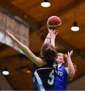 3 March 2022; Lucy Coogan of Loreto Kilkenny in action against Caitlin Glueckner of Mercy Waterford during the Basketball Ireland U19A Girls Schools League Final match between Loreto Kilkenny and Mercy Waterford at the National Basketball Arena in Dublin. Photo by Ben McShane/Sportsfile