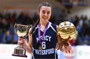 3 March 2022; Mercy Waterford captain Sarah Hickey with her MVP award and the cup after the Basketball Ireland U19A Girls Schools League Final match between Loreto Kilkenny and Mercy Waterford at the National Basketball Arena in Dublin. Photo by Ben McShane/Sportsfile