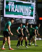 3 March 2022; Cian Healy, centre, with team-mates Dan Sheehan, left, and Ryan Baird, right, during the Ireland open session at Aviva Stadium in Dublin. Photo by Harry Murphy/Sportsfile