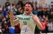 27 February 2022; Jordan Blount of Ireland celebrates victory at the final buzzer of the FIBA EuroBasket 2025 Pre-Qualifiers First Round Group A match between Ireland and Cyprus at the National Basketball Arena in Tallaght, Dublin. Photo by Brendan Moran/Sportsfile