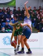 3 March 2022; Jessica Ross of Calasanctius College in action against Aisling Coakley of Regina Mundi during the Basketball Ireland U16A Girls Schools League Final match between Calasanctius College, Galway and Regina Mundi, Cork at the National Basketball Arena in Dublin. Photo by Ben McShane/Sportsfile