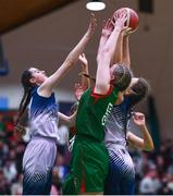 3 March 2022; Calasanctius College and Regina Mundi players contest possession during the Basketball Ireland U16A Girls Schools League Final match between Calasanctius College, Galway and Regina Mundi, Cork at the National Basketball Arena in Dublin. Photo by Ben McShane/Sportsfile
