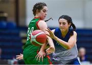 3 March 2022; Aisling Coakley of Regina Mundi in action against Kate Burke of Calasanctius College during the Basketball Ireland U16A Girls Schools League Final match between Calasanctius College, Galway and Regina Mundi, Cork at the National Basketball Arena in Dublin. Photo by Ben McShane/Sportsfile