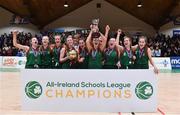 3 March 2022; Calasanctius College players celebrate with the cup after the Basketball Ireland U16A Girls Schools League Final match between Calasanctius College, Galway and Regina Mundi, Cork at the National Basketball Arena in Dublin. Photo by Ben McShane/Sportsfile