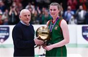3 March 2022; Calasanctius College co-captain Laoise Quinn is presented the MVP by Basketball Ireland southwest orginiser Ger Tarrent after the Basketball Ireland U16A Girls Schools League Final match between Calasanctius College, Galway and Regina Mundi, Cork at the National Basketball Arena in Dublin. Photo by Ben McShane/Sportsfile