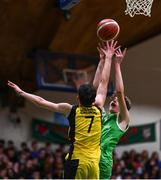 3 March 2022; Cillian Cannon of Calasanctius College in action against Conor Moynihan of SPSL Rathmore during the Basketball Ireland U16A Boys Schools League Final match between Calasanctius College, Galway and SPSL Rathmore, Kerry at the National Basketball Arena in Dublin. Photo by Ben McShane/Sportsfile