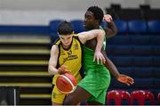 3 March 2022; Brian Murphy of SPSL Rathmore gets past Alvin Olagemi of Calasanctius College during the Basketball Ireland U16A Boys Schools League Final match between Calasanctius College, Galway and SPSL Rathmore, Kerry at the National Basketball Arena in Dublin. Photo by Ben McShane/Sportsfile