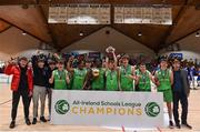 3 March 2022; Calasanctius College players with the cup after the Basketball Ireland U16A Boys Schools League Final match between Calasanctius College, Galway and SPSL Rathmore, Kerry at the National Basketball Arena in Dublin. Photo by Ben McShane/Sportsfile