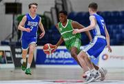 3 March 2022; Chuk Chime of Coláiste Eanna gets past Dean Coughlan of St Joseph's during the Basketball Ireland U19A Boys Schools League Final match between Coláiste Eanna, Dublin and St. Joseph's, Galway at the National Basketball Arena in Dublin. Photo by Ben McShane/Sportsfile